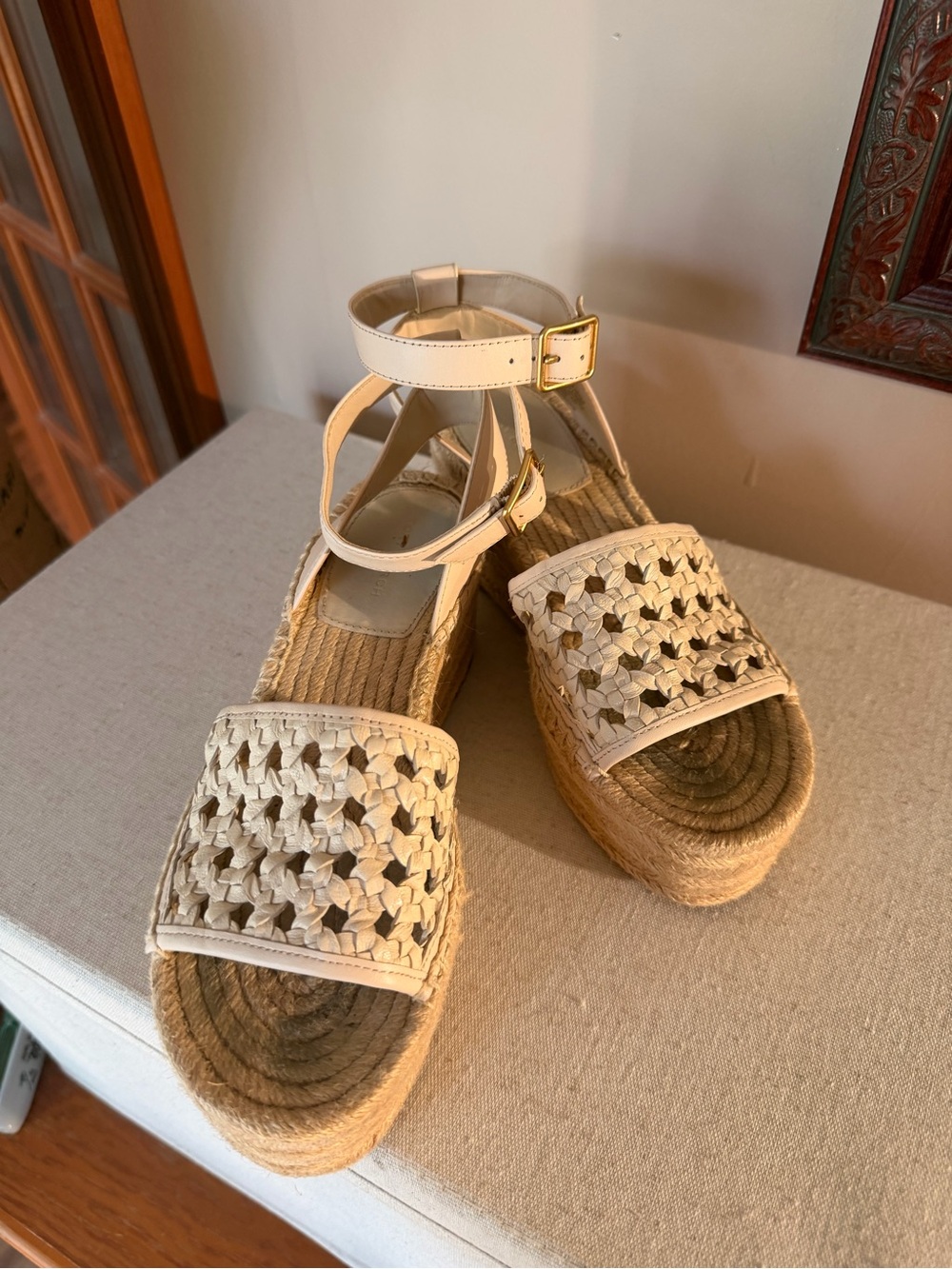Tory Burch Cream Woven Espadrille Platform Sandals with Ankle Straps
